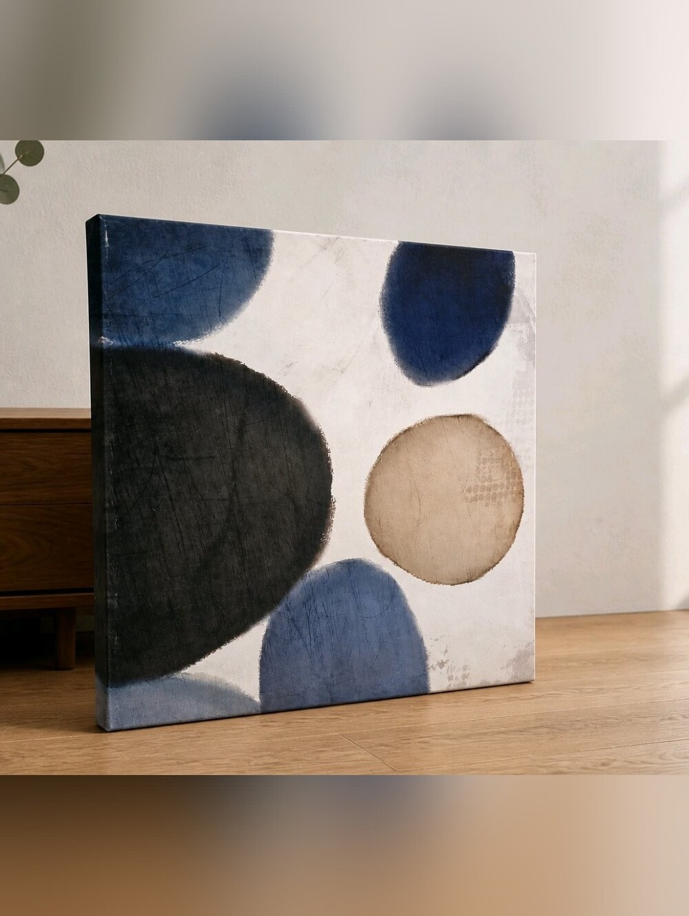 Abstract Canvas Art with Blue, Black & Tan Circles
